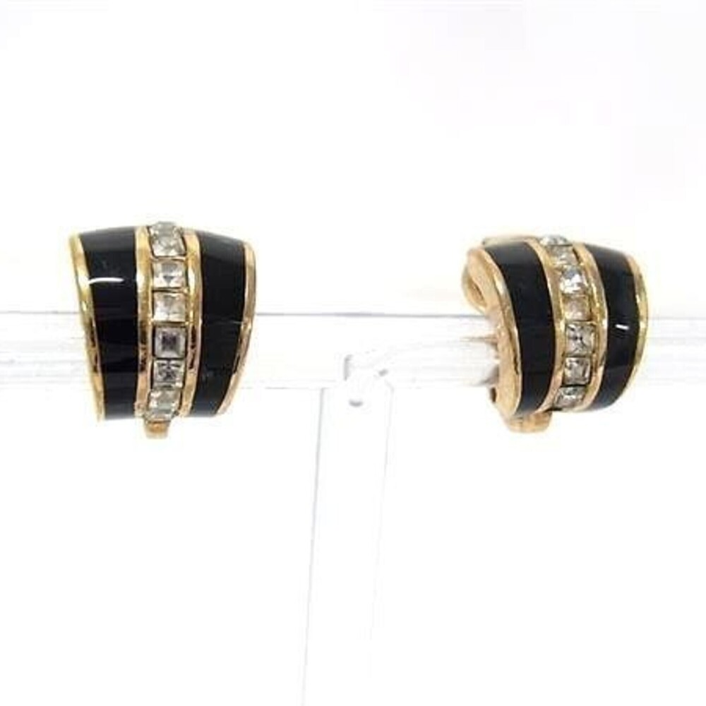 Christian Dior Earrings, Gold, Black Metal, Enamel, Rhinestones, Women's